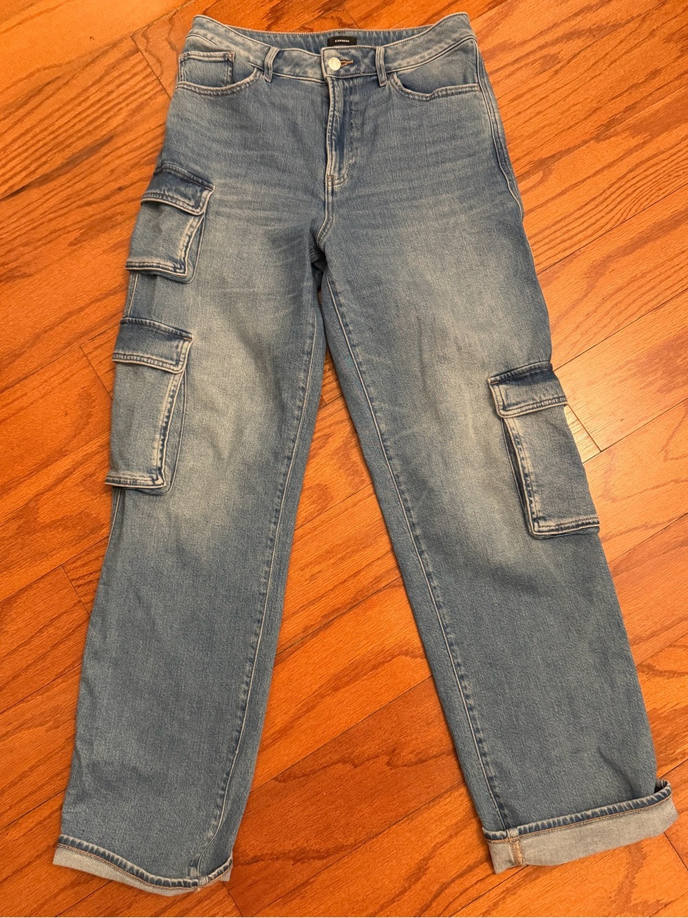 Express Light Blue Women's Cargo Boyfriend Jeans-Relaxed Straight, High Rise Str